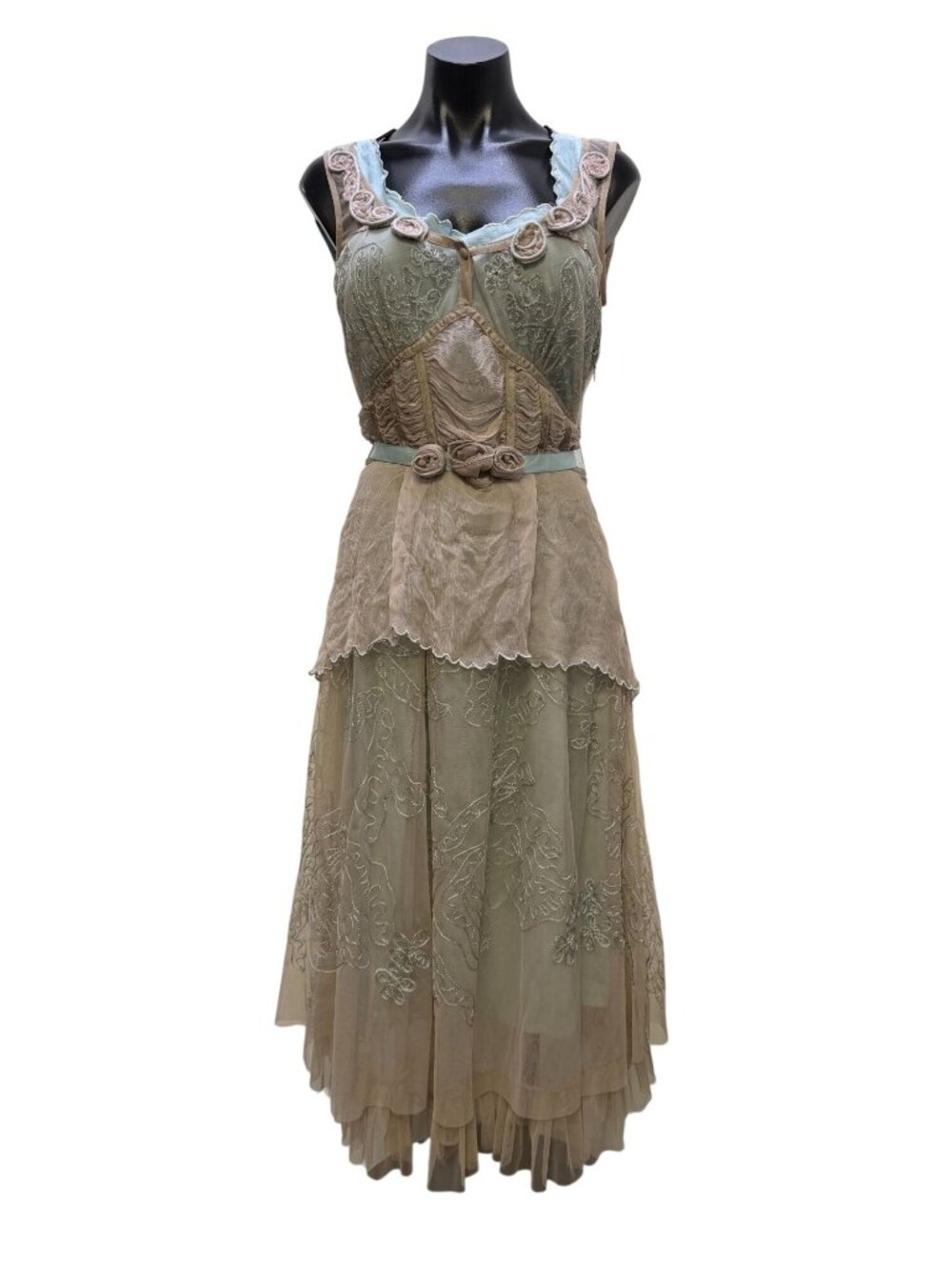 Nataya Beige & Blue 2-Piece Dress Embroidered Overlay Size S